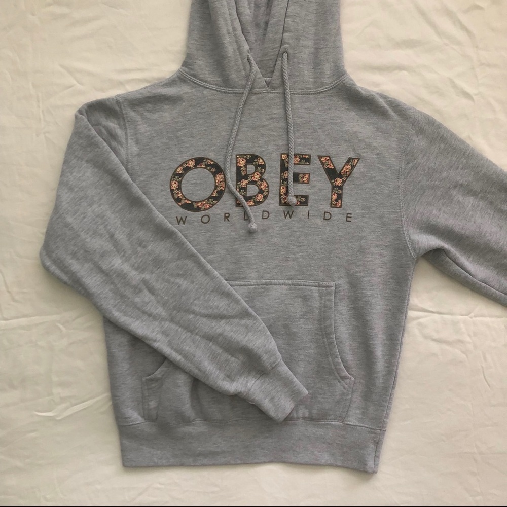 obey grey floral hoodie